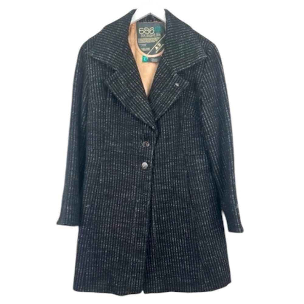 686 Black White Long Lined Pea Coat Size Large